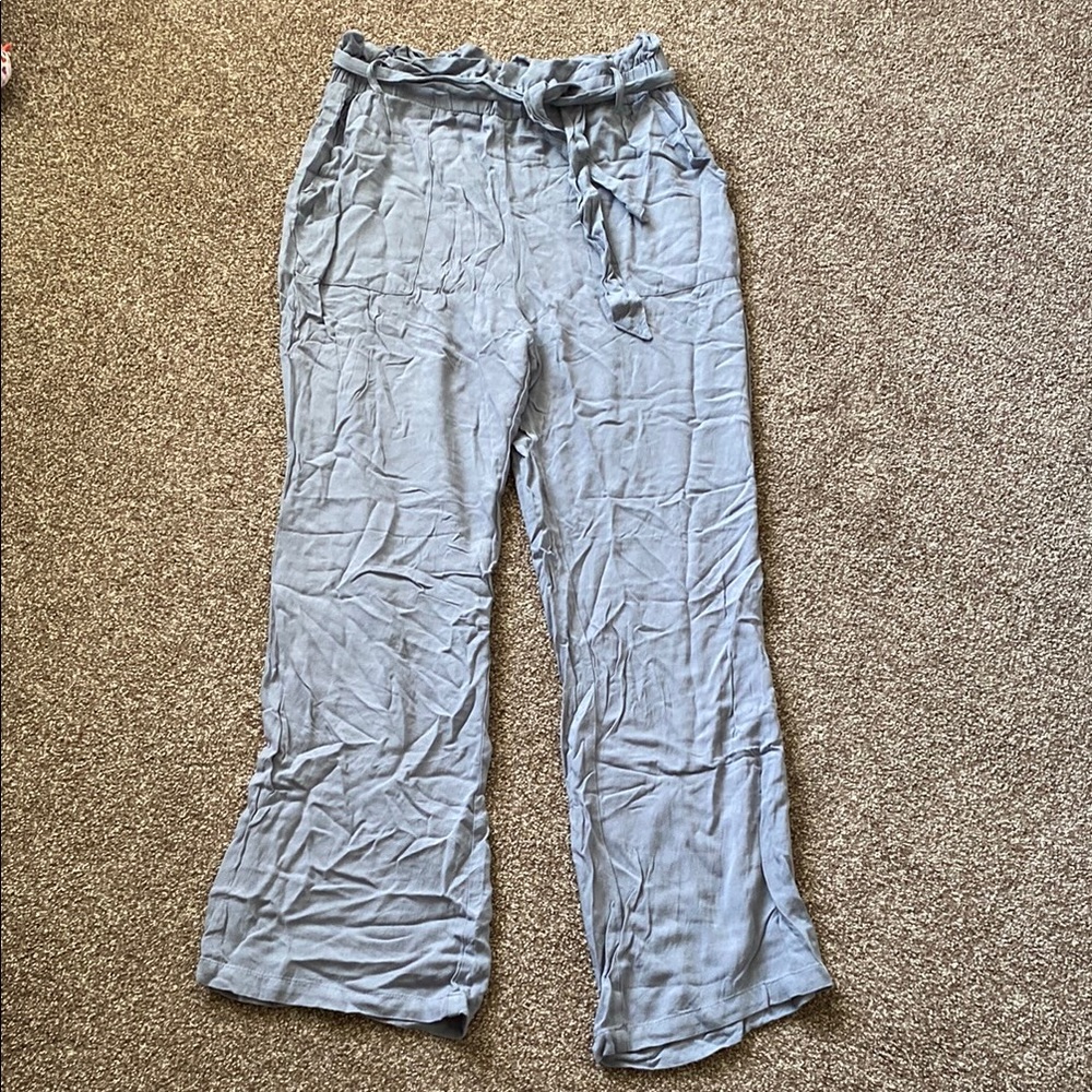 Dusty blue tie waist flowy straight/wide leg pants with stretchy waist